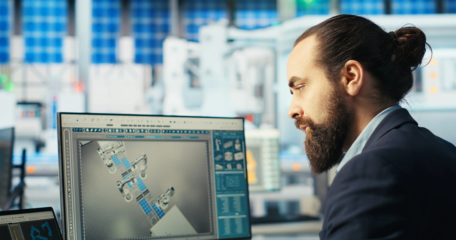 man-using-notebook-optimizing-energy-supply-solar-panel-manufacturing-plant man-using-notebook-optimizing-energy-supply-solar-panel-manufacturing-plant
